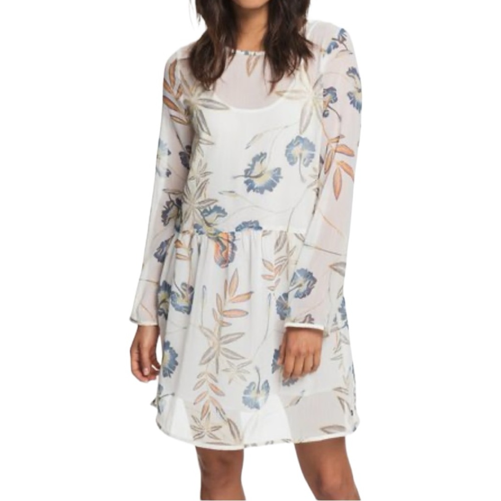 Roxy Amazing Wave Long Sleeve Sheer Ivory Floral Long Sleeve Dress Sz 6